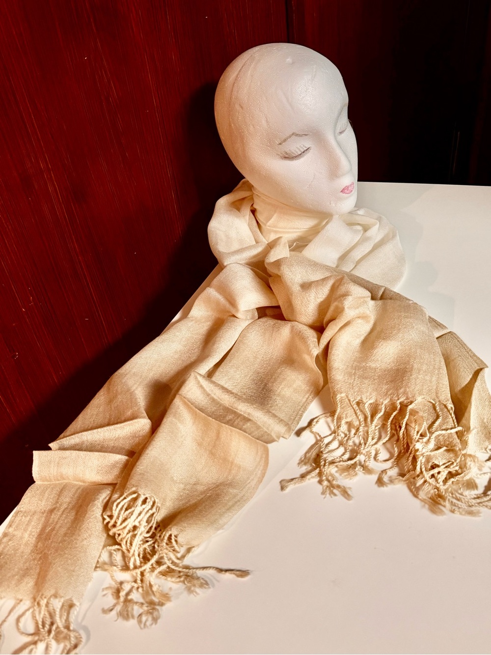 Grace Adele Cream Silk Shawl Scarf with Fringe Ends